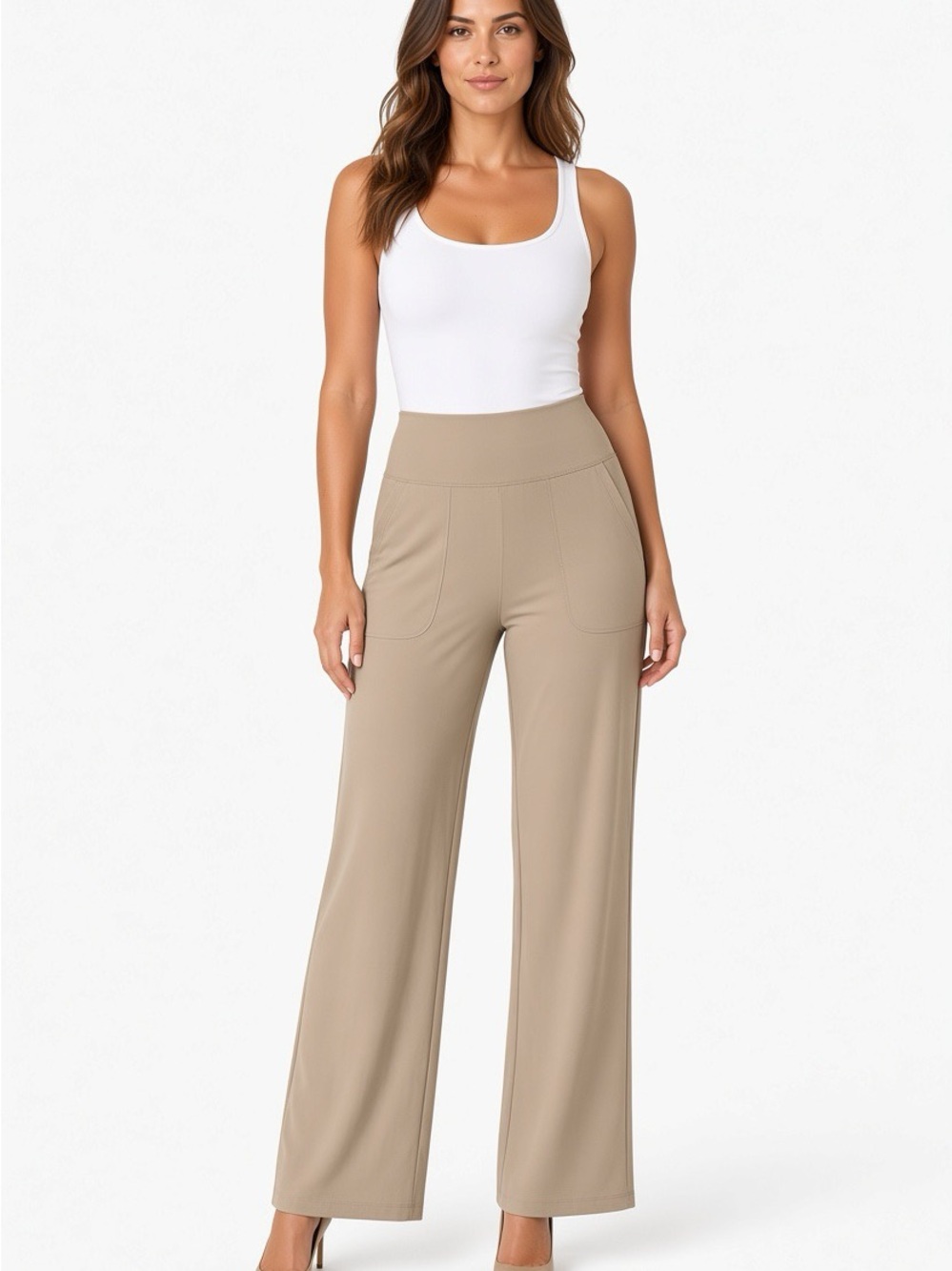 Willit Beige High Waisted Wide Leg Stretch Pants